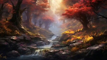 A babbling brook winding its way through a forest ablaze with color. - obrazy, fototapety, plakaty