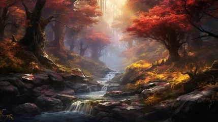 Fotobehang A babbling brook winding its way through a forest ablaze with color. © Mustafa_Art