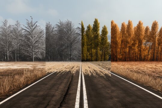 A split picture showcasing a road with trees in the background. This versatile image can be used to depict concepts such as journey, nature, travel, adventure, and more