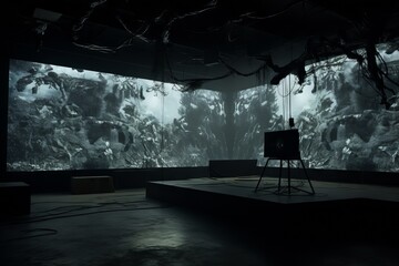 Interior color photograph of installation art exhibition in a darkened room with wall-size tv...