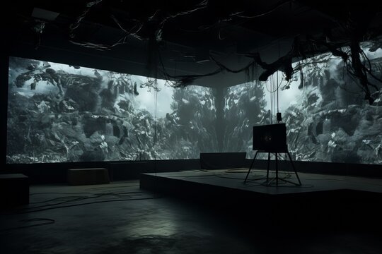 Interior color photograph of installation art exhibition in a darkened room with wall-size tv screens showing close-up jungle foliage, motion blur. From the series “Imaginary Museums."