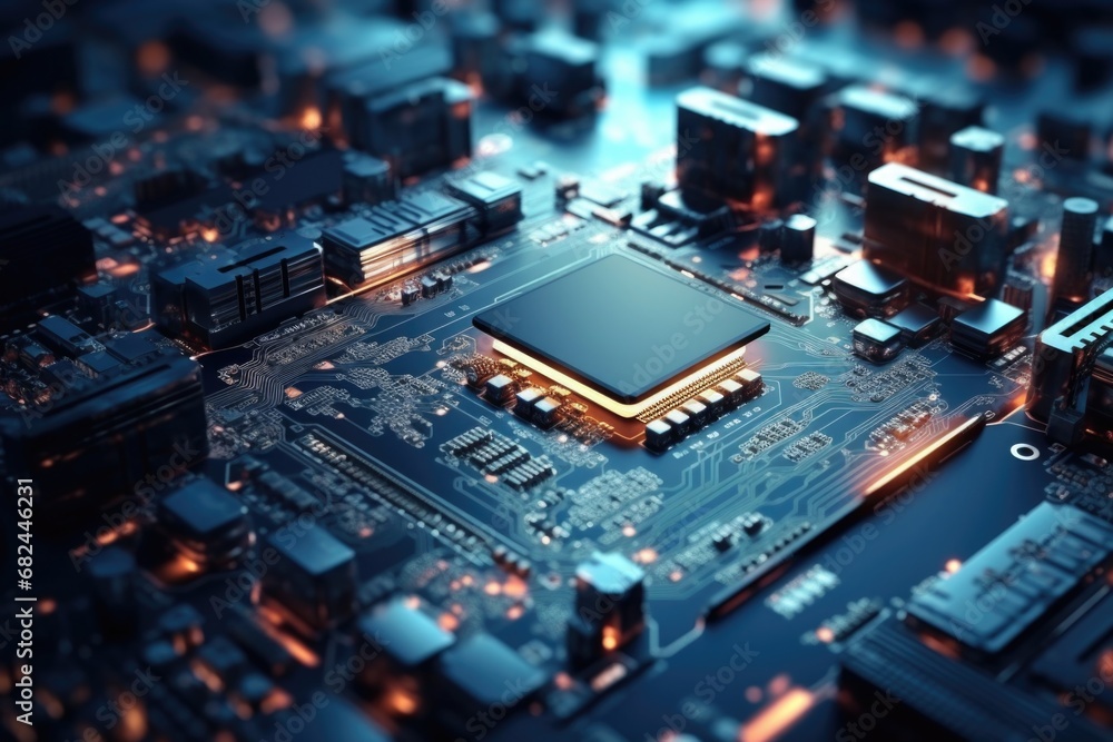 Poster a detailed close-up view of a computer motherboard. this image can be used to illustrate technology,