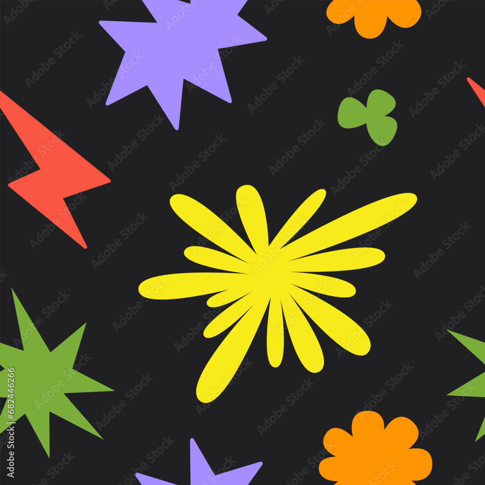 Poster Abstract seamless pattern with colorful playful cartoon shapes on a black background. Trendy random shapes. Vector illustration
