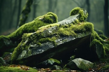 Naklejka na ściany i meble A moss covered rock in the middle of a forest. This image can be used to depict nature, tranquility, and the beauty of the outdoors