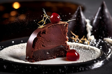 Delicious Icing mousse piece of chocolate cake with cherry - Powered by Adobe