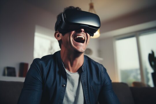 A man is seen wearing a virtual reality headset and laughing. This image can be used to illustrate the enjoyment and immersive experience of virtual reality technology