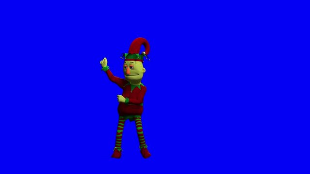 puppet elf santa helper is doing a happy xmas victory dance in a blue chroma key background