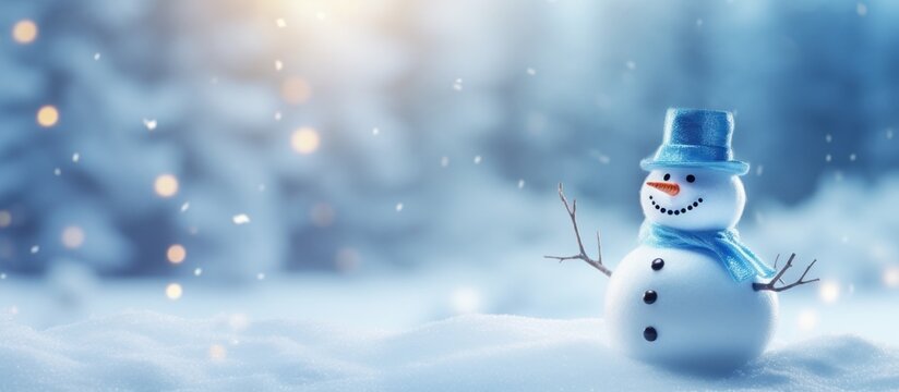 A white Snowman decoration with christmas decoration on blur winter background. AI generated