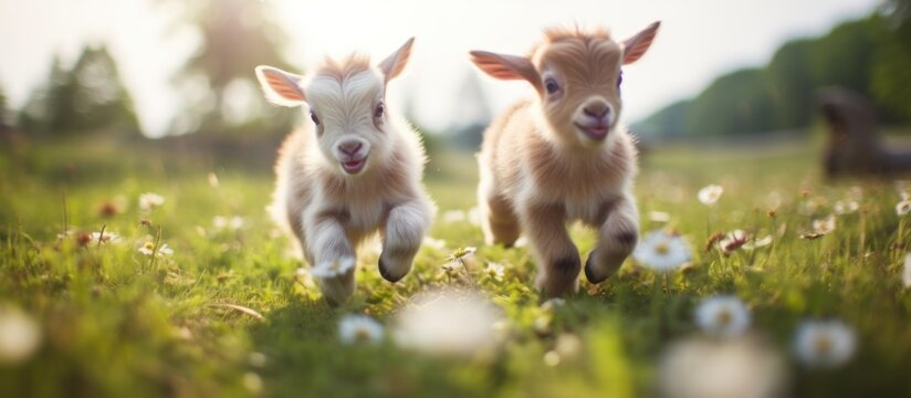 Funny two lambs playing in the green field at sunny day. AI generated image