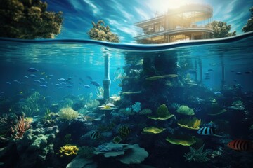 A picturesque coral reef with a charming house in the background. 