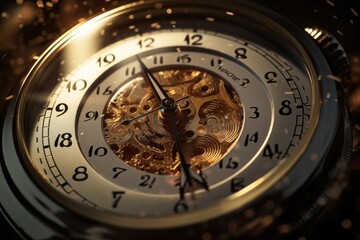 A detailed close-up shot of a clock with a gold face. This image can be used to depict time...