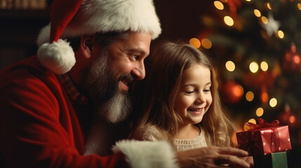 A father in a Santa Claus hat gives Christmas gifts to his daughter against the background of a festively decorated Christmas tree. The concept of festive joy, touching moments.