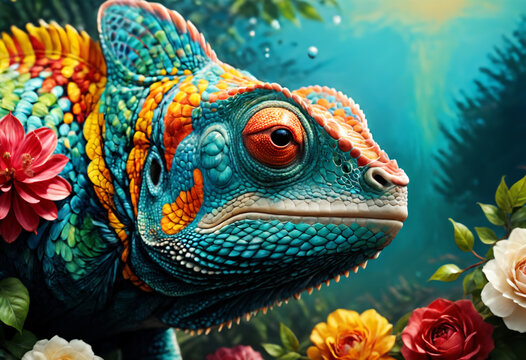 Colourful chameleon in flowers. Generative AI