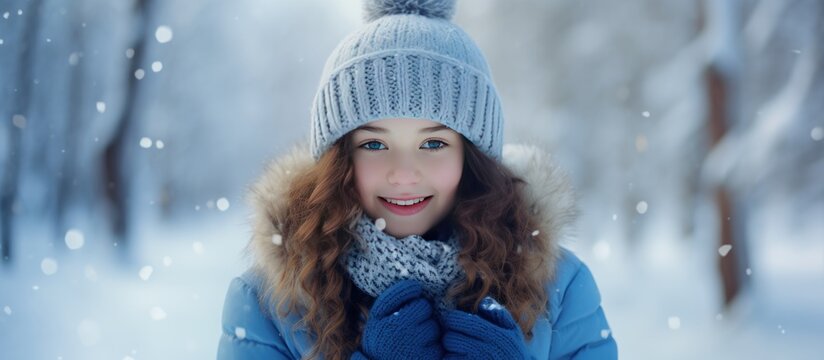 Portrait of a beautiful girl playing with snow in winter forest background. AI generated image