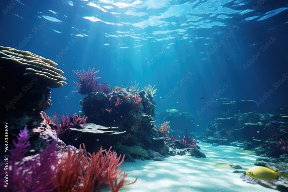 Poster a vibrant underwater scene featuring a coral reef and an array of colorful fish.