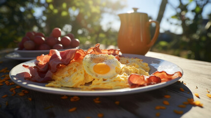 Scrambled eggs and bacon on a breakfast plate on an outdoor table next to vegetables in a sunny day