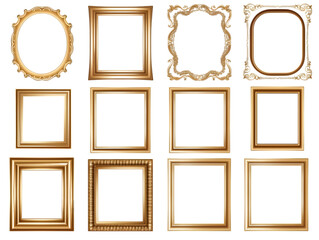 A set of luxurious picture frames featuring elegant gold finishes, for wall art display. - obrazy, fototapety, plakaty