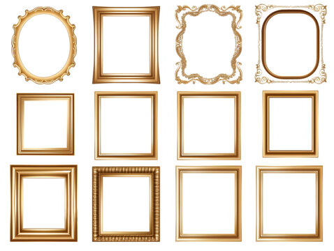 A set of luxurious picture frames featuring elegant gold finishes, for wall art display.
