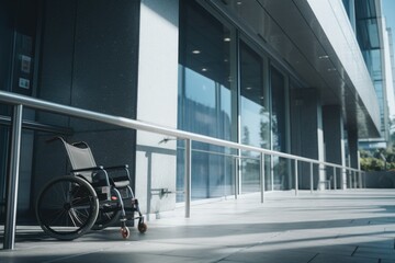 A wheelchair is parked outside a building. This image can be used to depict accessibility, mobility, or disability