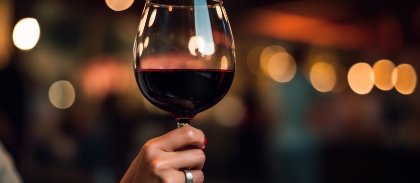 Closeup woman hand holding glass of red wine on blurred background. AI generated image