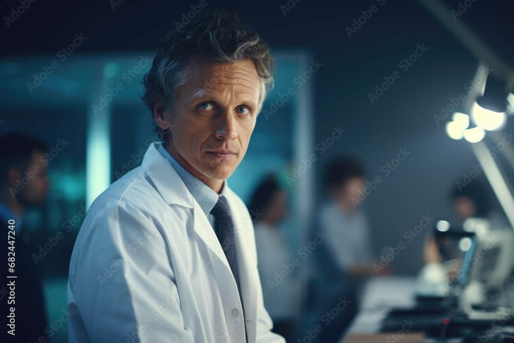 Poster a man wearing a lab coat sitting in front of a computer. this image can be used to represent a scien