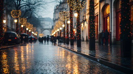 Urban avenue holiday lights on a crisp winter night at Christmas. Generative AI - obrazy, fototapety, plakaty
