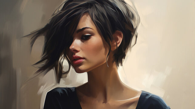 Oil painting of a girl with short hair