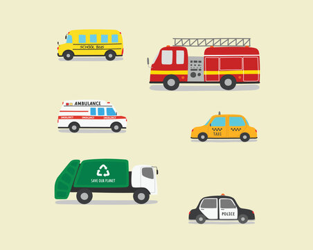 Set of simple cartoon specialty vehicles illustration flat vector. Hand drawn specialty vehicles icon. Transportation elements in kid drawing style.