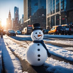 Obraz premium A snowman on the street of the metropolis on a sunny day