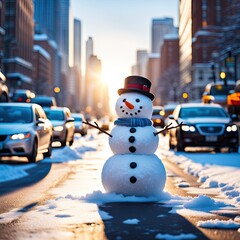 A snowman on the street of the metropolis on a sunny day