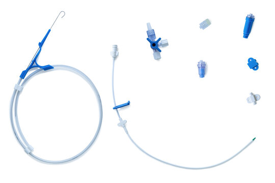 medical instruments. set for central venous catheter placement on white background close-up. medical equipment, sterile set, outline, isolate 