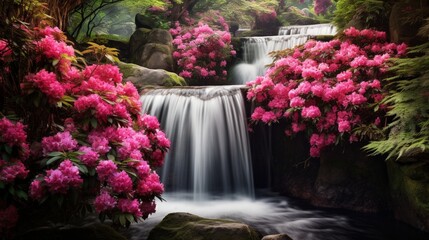 A cascading waterfall surrounded by lush rhododendron bushes in full bloom.