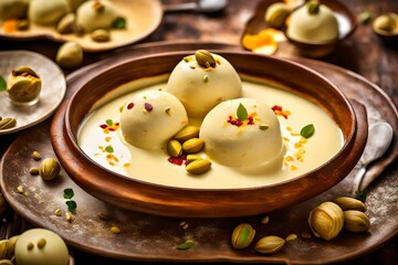 A tempting close-up shot of the beloved Indian dessert Rasmalai.