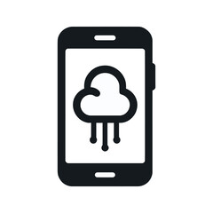 Monochrome vector icon depicting a mobile phone with a cloud and rain, representing weather forecast technology. Vector illustration