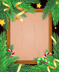 Christmas and New Year vector background with wooden frame and old paper, fir tree branches and holiday ribbons