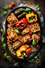 An overhead view of a plate filled with quinoa-stuffed bell peppers, surrounded by a medley of...