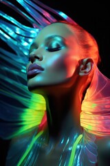 Fashion portrait showcasing a woman with glowing neon makeup and feathers in vivid colors