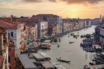 venice top view of the canale grande with many boats and gondolas in the evening light 