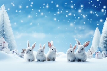 charming white rabbits are nestled in a serene snowy xmas landscape with frosted trees and delicate snowflakes falling from a clear blue sky