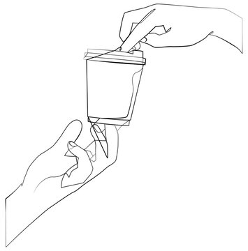Linear hands hold a coffee cup. Different hand positions.