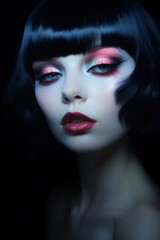 Stylish retro-inspired portrait of a model with vintage makeup, bob hairstyle, and expressive eyes