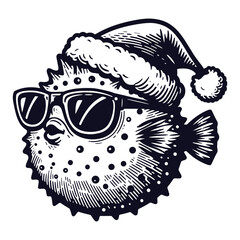 cool puffer fish wearing a Christmas hat and sunglasses sketch © Satoru Sketches