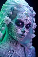 Close-up of a model with intricate facial makeup and a decorative crown with pastel tones
