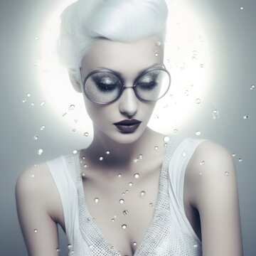 A surreal portrait of a woman with an ethereal complexion framed by water droplets