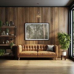 Interior of modern living room with brown leather sofa. Elegant Modern Living room