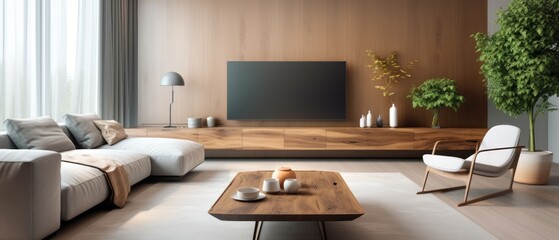Modern bright interiors. Living room with TV. Elegant Modern Living room