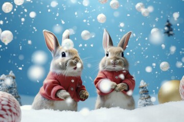 Two rabbits dressed in red winter coats are set against a snowy background with falling snowflakes, delightful scene for a Christmas poster featuring cute animals