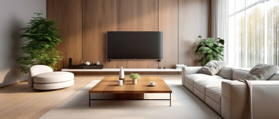 Modern bright interiors. Living room with TV. Elegant Modern Living room