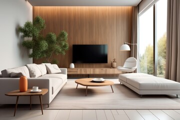 Modern bright interiors. Living room with TV. Elegant Modern Living room