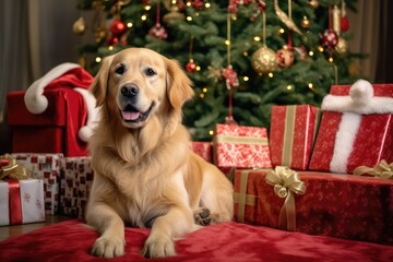 golden retriever dog comfortably positioned in front of a beautifully decorated Christmas tree, surrounded by an array of red and gold wrapped gifts